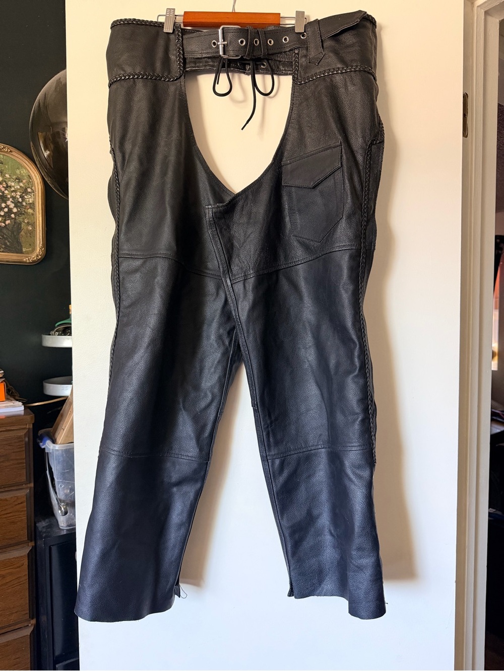 Black Leather Motorcycle Chaps with Lace-Up Waist